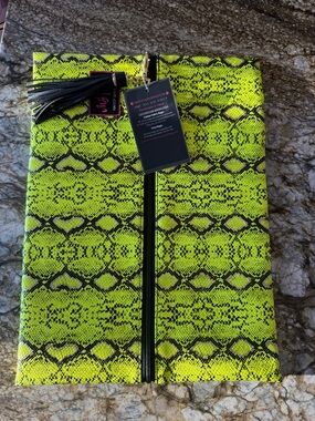 Neon Yellow Snake-Print Foldover Clutch